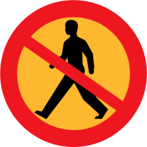 Walking person silhouette with a red circle with a line over it