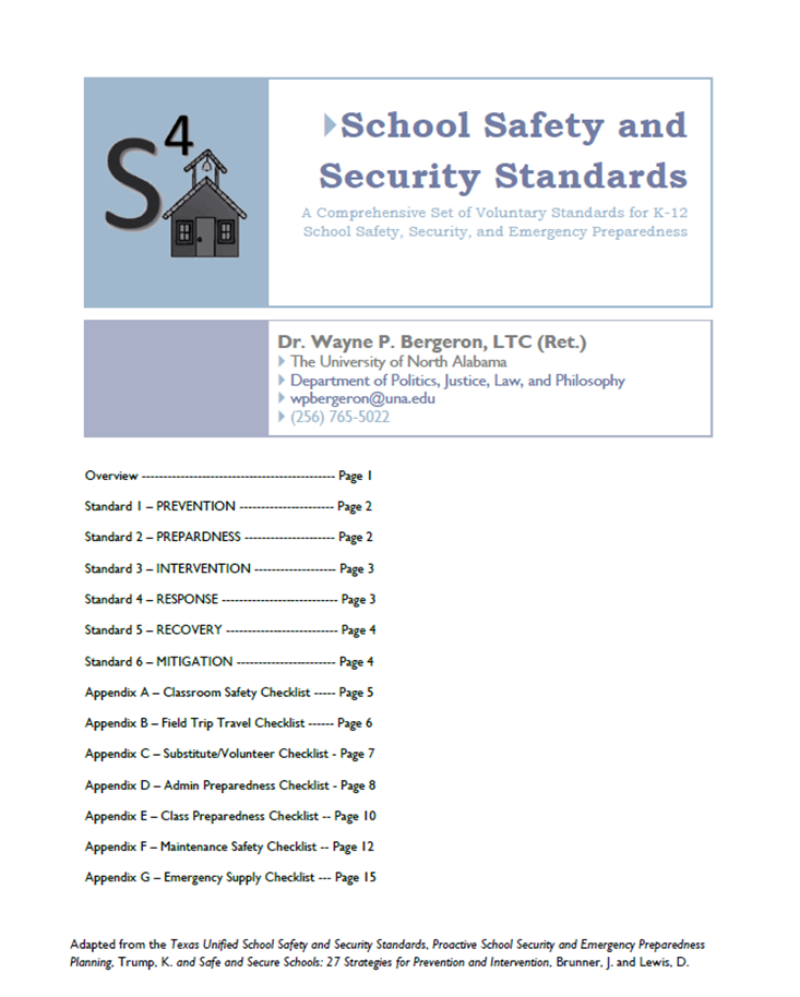 Table of Contents for the School Safety and Security Standards.