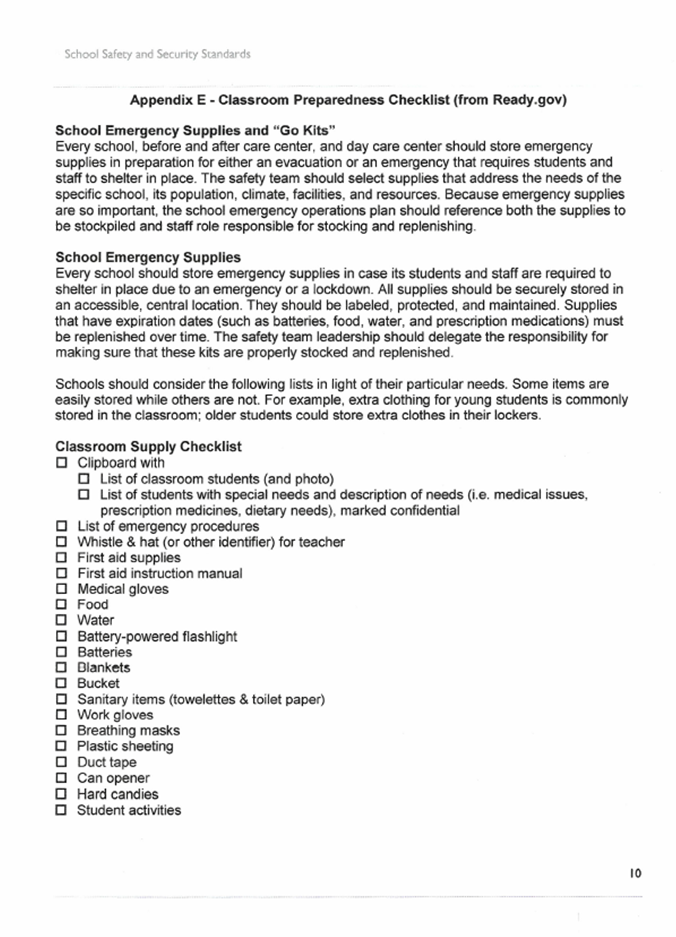 Appendix E: Classroom Preparedness Checklist