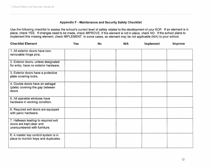 Appendix F: Maintenance and Security Safety Checklist