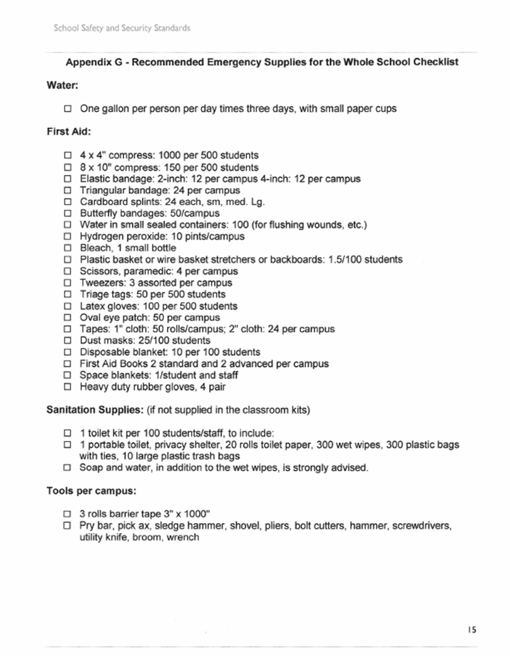 Appendix G: Recommended Emergency Supplies for the Whole School Checklist