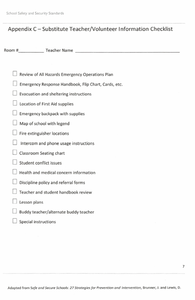 Appendix C: Substitute Teacher/Volunteer Information Checklist