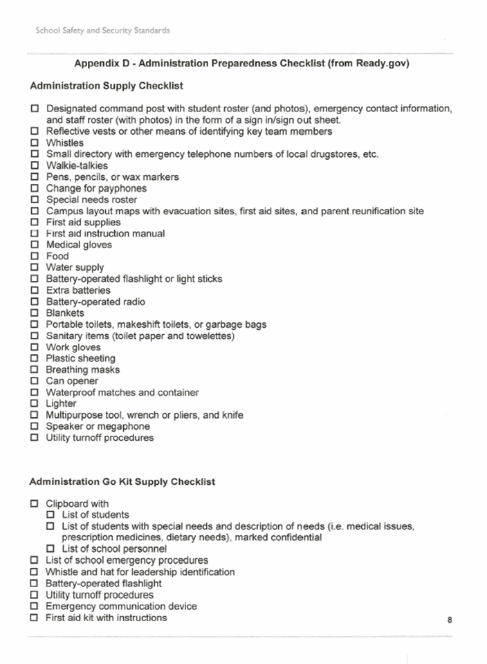 Appendix D: Administration Preparedness Checklist