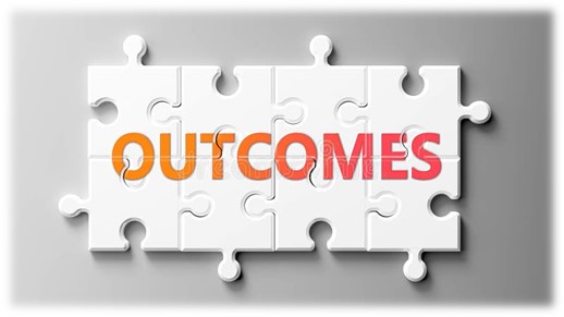 Puzzle pieces put together to create the word "Outcomes."