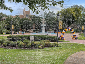 A far away shot of the Laura M. Harrison fountain and the landscape that surrounds it.