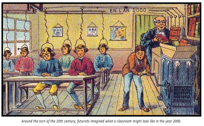 Cartoon of children getting the information from books impanted directly in their head. Caption says. "Around the turn of the 20th century, futurists imagined what a classroom might look like on the year 2000."