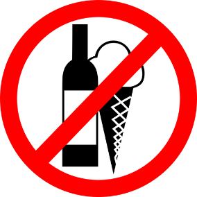 An icecream cone and wine bottle with red circle with line through it