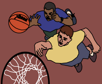 Two teens playing basketball