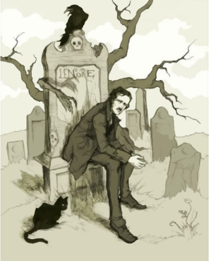 Edgar Allen Poe sitting in a graveyard at the grave Lenore with a raven and a black cat.