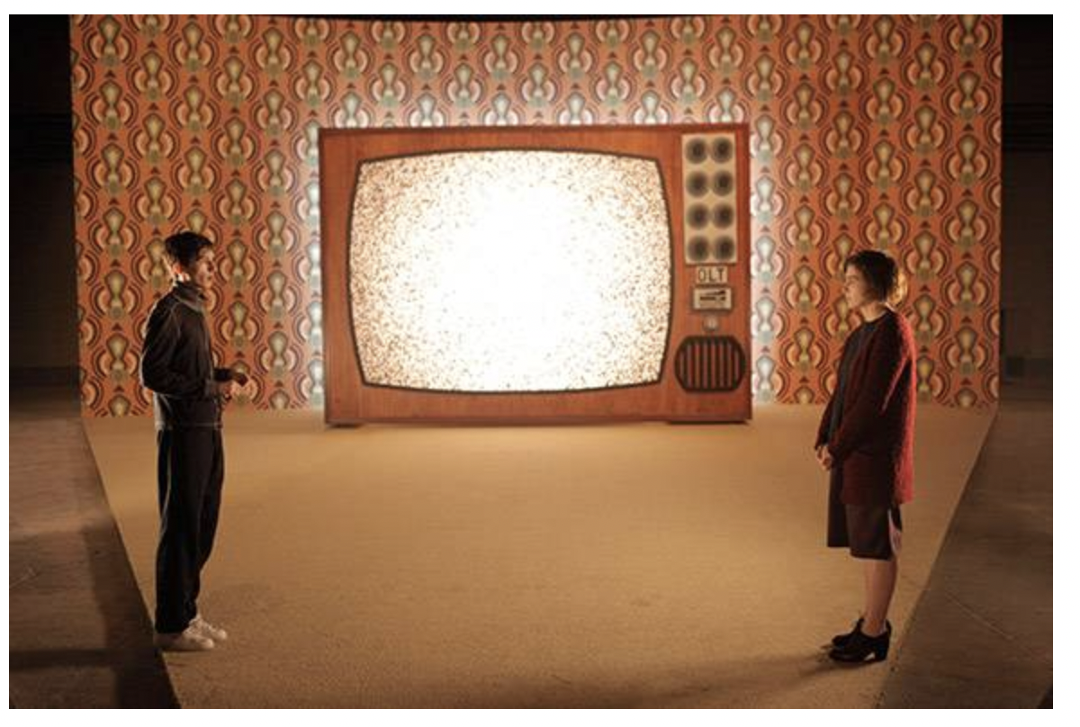 A man and a woman are standing across from each other. A large television is between them.