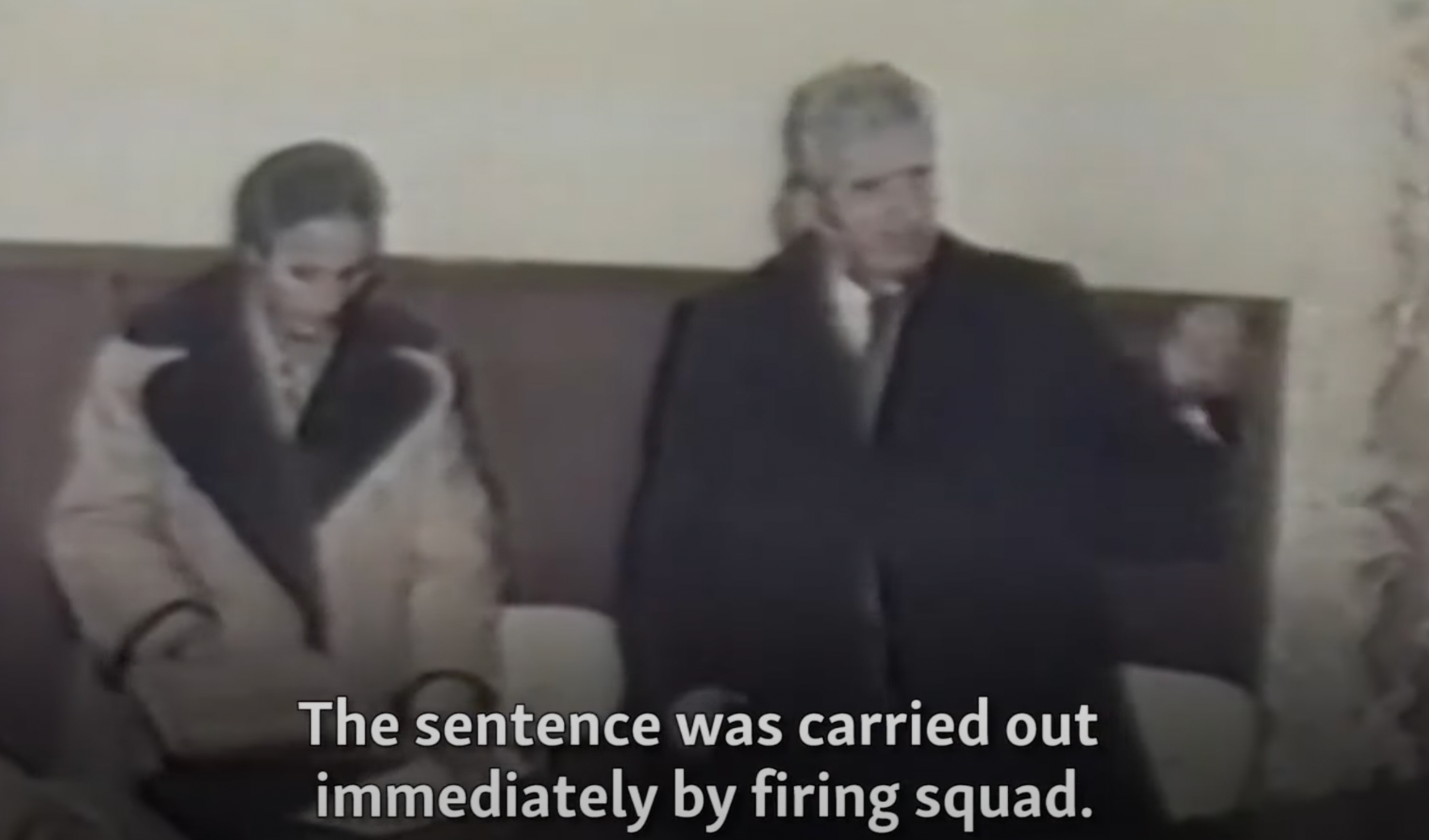 The Ceaușescu's are shown with the caption "The sentence was carried out immediately by firing squad."