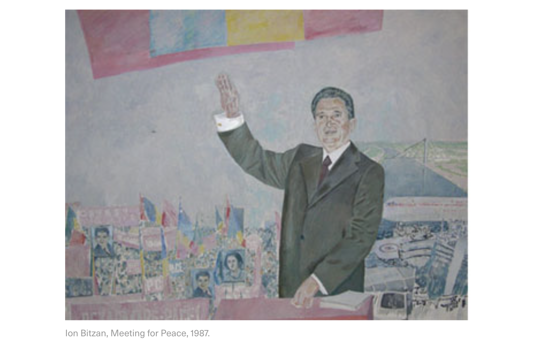 Nicolae Ceaușescu at a political rally. Painted by Ion Bitzan in 1987.