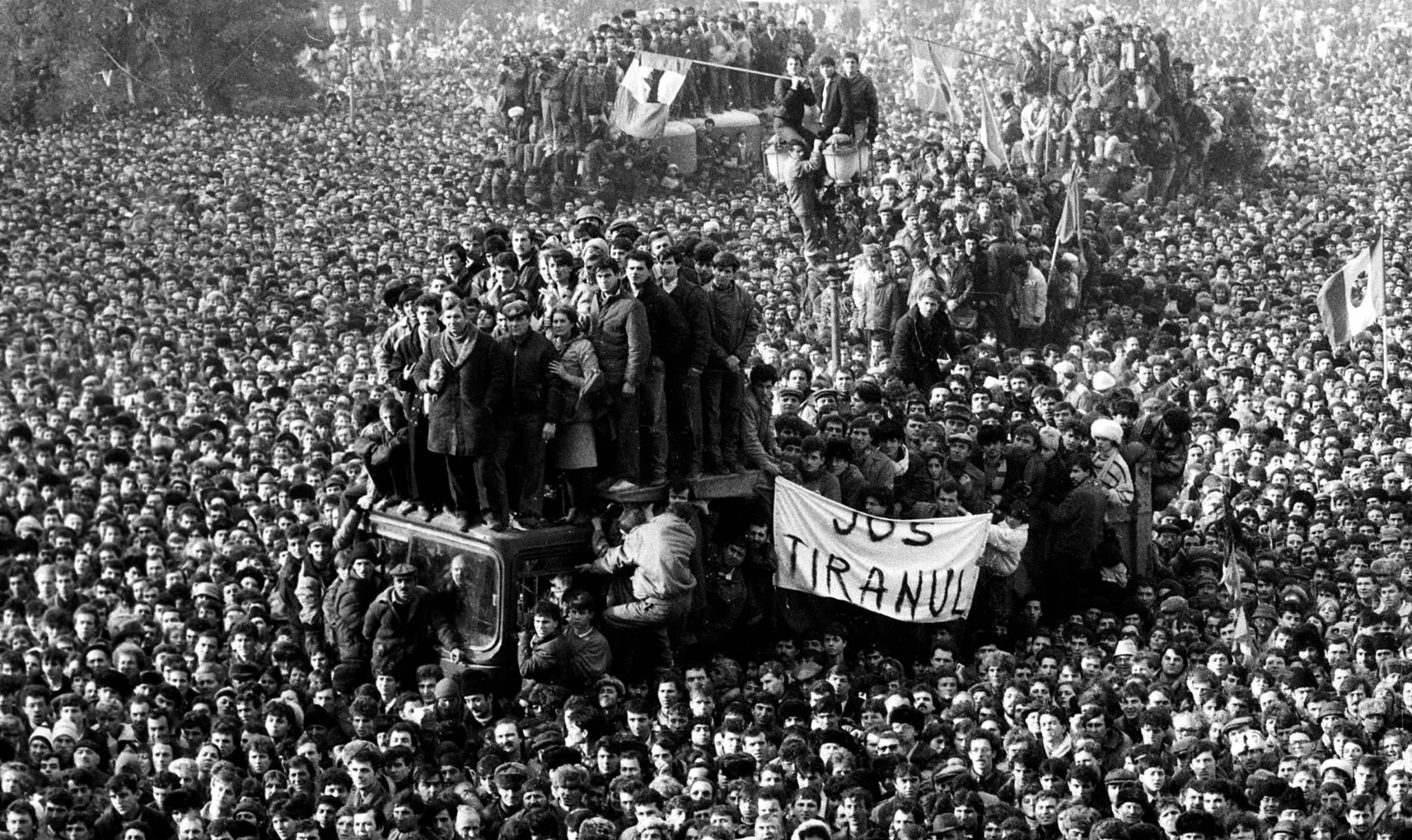 A large group of Romanian protesters. Taken on December 22, 1989, during the anti-communist revolution.