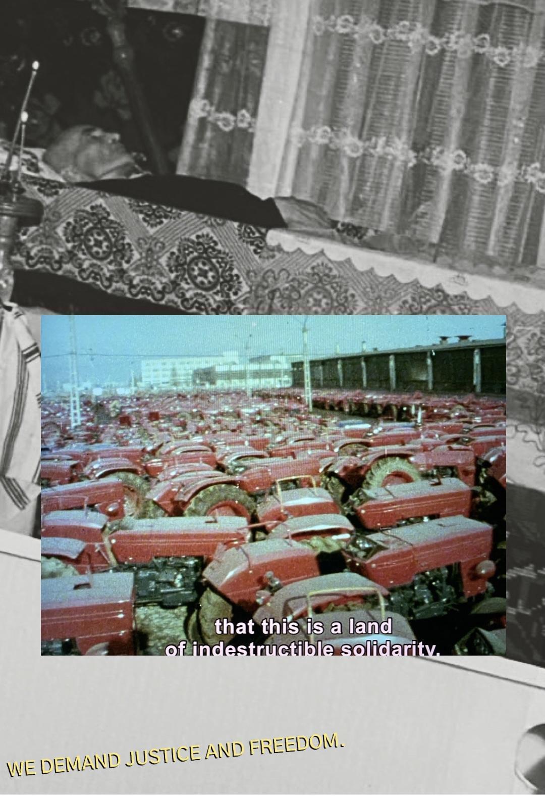 A black and white photo of a man in bed covered by a colored photo of red tractor wheels.