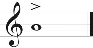 A staff with a symbol telling to play slightly above the written dynamic.