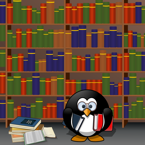 A penguin holding books in a library.