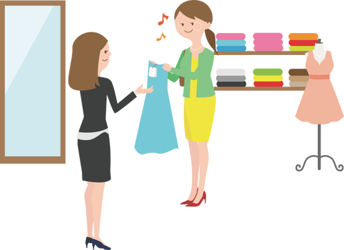 A woman holding a dress with a retail employee helping her.