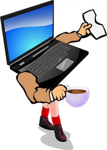 Cartoon laptop holding coffee