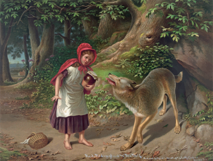 Little Red Riding Hood and the wolf talking.