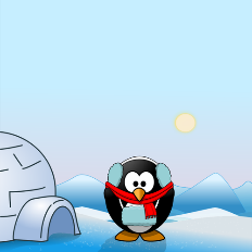 Penguin wearing earmuffs, scarf, and mittens in the snow.