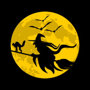 A witch flying on a broom.