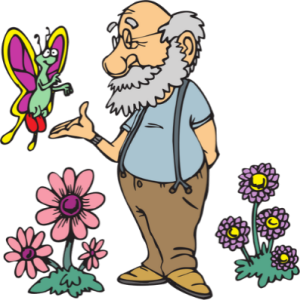 Old man with flowers and a butterfly